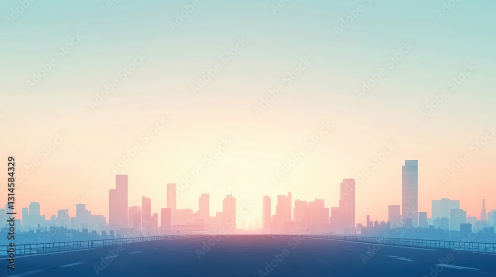 Poster morning light illuminates a minimalistic urban landscape with distant skyscrapers and spacious open 