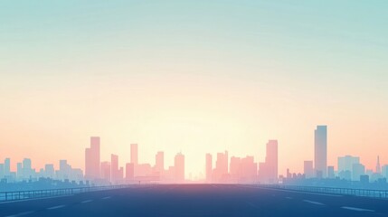 Fototapeta premium Morning light illuminates a minimalistic urban landscape with distant skyscrapers and spacious open sky