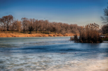 Picturesque winter landscape on the Dnieper River.Zaporizhzhia.Ukraine