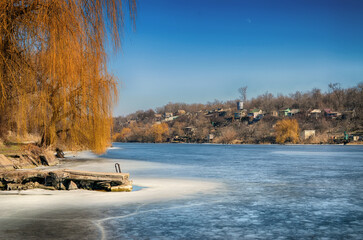 Picturesque winter landscape on the Dnieper River.Zaporizhzhia.Ukraine