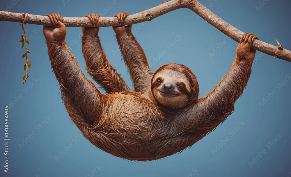 Poster Brown and white sloth hanging from a tree branch. The sloth is smiling and he is enjoying itself
