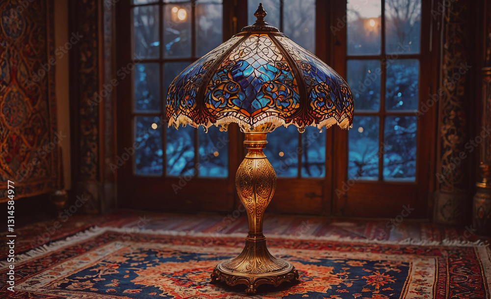 Poster lamp with a blue shade sits on a rug in a room. the lamp is turned on, casting a warm glow on the ru