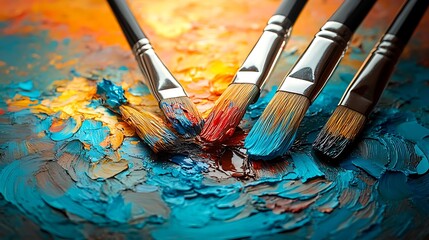 Obraz premium An artistic scene of paintbrushes releasing a burst of vibrant colors on a palette