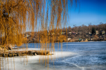 Picturesque winter landscape on the Dnieper River.Zaporizhzhia.Ukraine