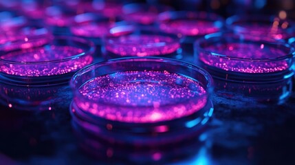 Glowing Purple Particles in Petri Dishes, Science Background