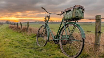 Obraz premium A vintage bicycle leans against a wooden fence under a dramatic sky at sunset, showcasing peaceful rural scenery, Ideal for themes like nostalgia, travel, outdoor activities, and lifestyle,