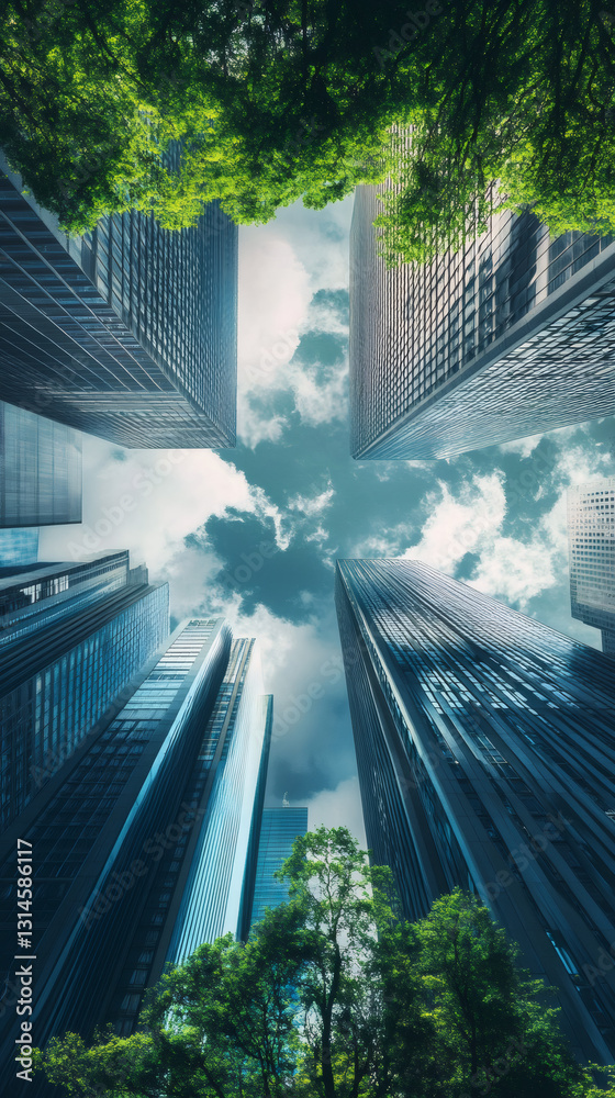 Poster low angle view of green trees surrounding skyscrapers rising toward cloudy sky in urban environment