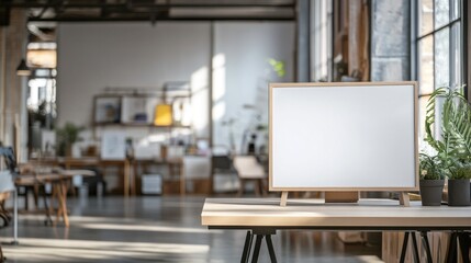 A spacious and well-lit creative workspace showcases a minimalist wooden table supporting a blank board. Natural light filters through large windows, highlighting greenery and artistic decor