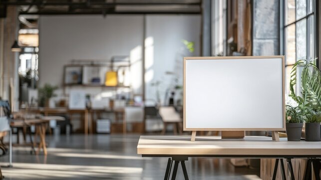 A spacious and well-lit creative workspace showcases a minimalist wooden table supporting a blank board. Natural light filters through large windows, highlighting greenery and artistic decor - Powered by Adobe
