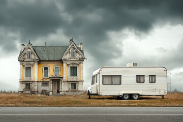 An aged Victorian house stands next to a modern travel trailer under a dramatic, cloudy sky, symbolizing the contrast between old and new living styles.