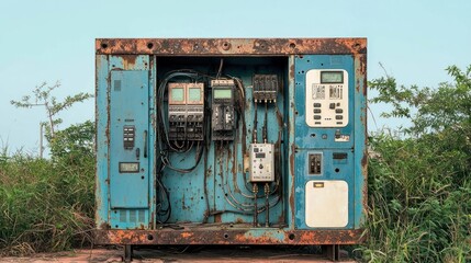 Weathered Blue Electrical Panel with Rusty Components and Green Vegetation against Sky