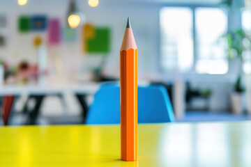 Close-up of a large orange pencil standing upright on a vibrant yellow table in a colorful, blurred creative workspace.