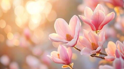 Obraz premium Soft pink magnolia flowers bloom gracefully, their petals opening to embrace the gentle spring sunlight. This moment captures the beauty of nature awakening
