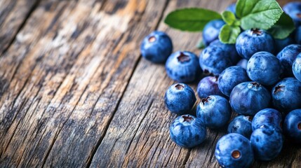 Close-up of fresh bilberries with a deep blue hue, scattered on a rustic wooden surface