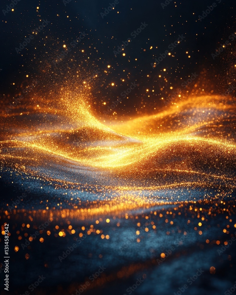 Canvas Prints ethereal golden light particles floating on dark blue surface creating a dreamlike abstract space wi