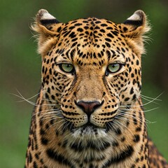 Obraz premium Leopard Portrait: Captivating portrait of a leopard with mesmerizing green eyes, showcasing its distinctive spotted coat, and fierce gaze, standing in natural environment.