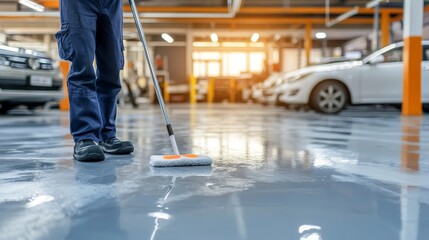 Fototapeta premium Mechanic cleaning epoxy floor in auto repair center, using mop to squeeze water and maintain cleanliness in the workshop environment, ensuring safety and hygiene in vehicle maintenance