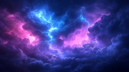 Vivid stormy sky with electric blue and purple lightning bolts branching in all directions