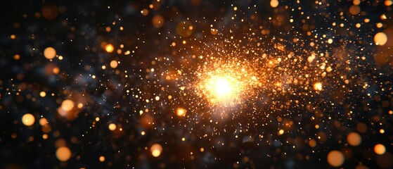 Naklejka premium Radiant explosion of golden light particles against a dark backdrop creating a mesmerizing and ethereal visual effect with bokeh elements and cosmic ambiance