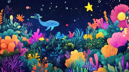 Fototapeta premium Vibrant underwater scene with colorful corals and a whale.