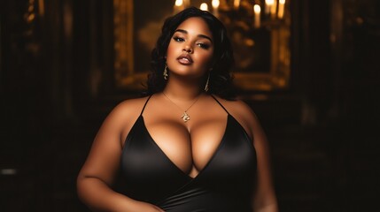 stylish plus-size woman in satin gown at upscale gala