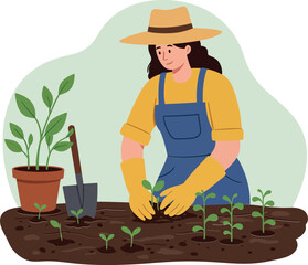 Woman gardening in a sunny setting with plants and tools in a minimal vector illustration