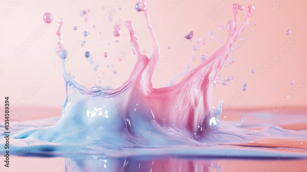Poster bright splashes of pink and blue collide in crystal-clear water, creating an enchanting visual spect