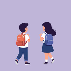 Fototapeta premium Two children with backpacks walking together in a flat, colorful style vector illustration