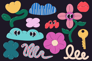 Abstract funky groovy element set. Cartoon doodle character sticker. Cartoon isolated vector illustration.	