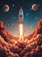 Fototapeta premium Vibrant surreal scene of a rocket launching from ketchup in a cosmic backdrop with planets