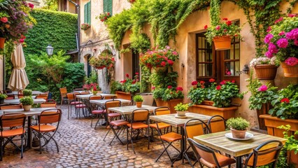 Fototapeta premium A charming cobblestone courtyard cafe, abundant with vibrant floral displays and lush greenery, offers a picturesque outdoor dining experience.