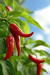 Vibrant red chili peppers hang from lush green foliage against a bright blue sky, This image is ideal for culinary articles, recipe blogs, and agricultural promotions, It conveys freshness and flavor