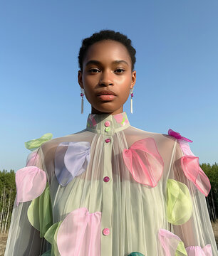 A bold fashion portrait of a model in a sheer pastel gown adorned with abstract floral embellishments. The natural outdoor setting enhances the soft yet structured design.