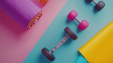 Vibrant workout equipment arranged on a colorful background with weights, yoga mats, and exercise accessories displayed
