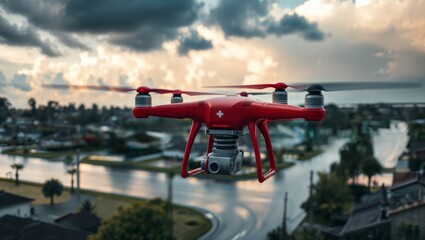 Red drone flying at sunset. A red drone with camera flies against a dramatic sunset sky over a suburban landscape.