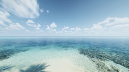 Tropical beach scene, calm ocean, white sand, sunny day