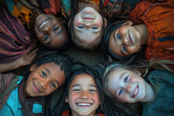 Children sitting in a circle, holding hands and laughing together, under a vibrant rainbow-colored parachute during outdoor playtime.