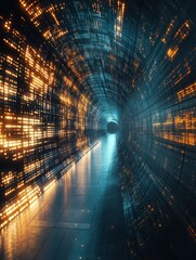 Futuristic Tunnel with Glowing Orange Lights and Teal Walls Abstract Digital Technology Concept