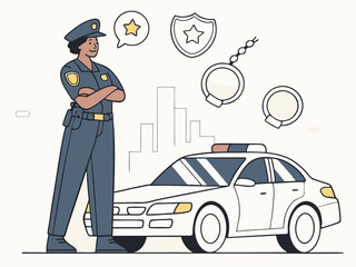Obraz premium Vector illustration of a Police officer in uniform Standing with Patrol Car