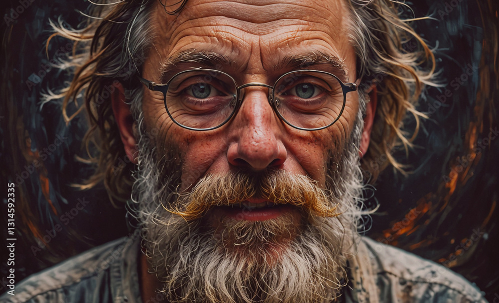 Poster Man with a beard and glasses is staring at the camera. The image has a moody and somewhat mysterious feel to it