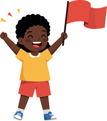 Cheerful boy celebrating with raised arms and a red flag in minimal vector illustration