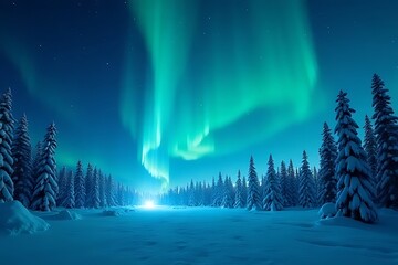 Naklejka premium Aurora borealis display frozen landscape nature photography winter wonderland nighttime serenity spectacular light show