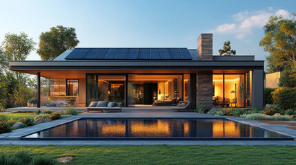 Obraz premium Solar-powered home automation showcasing smart solar panels, AI-controlled energy storage, and automated power distribution for an efficient household