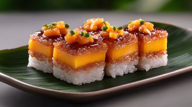 Delicious sushi artfully presented on a green leaf, The colorful layers of mango and rice, topped with a sweet glaze and herbs, make this image perfect for food blogs, menus, or culinary promotions,