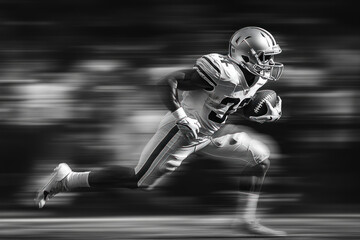 Football player sprinting down field with the ball, tackling opponents, under stadium lights on a rainy night.