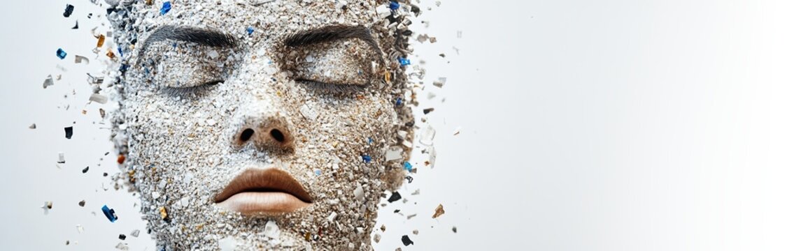 Young woman face covered with plastic particles, small pieces of food packagings. Concept of microplastic ingestion in human body, endocrine disruptors. 