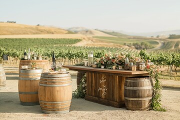 Obraz premium Vineyard terrace wedding setup with beautiful decor, including flowers and wine, creating perfect atmosphere for bride. Concept emphasizes vineyard terrace wedding experience