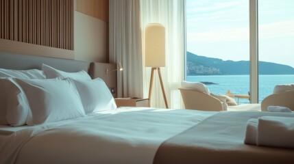 Fototapeta premium Luxurious hotel room with ocean view and modern furnishings during a sunny day by the coast