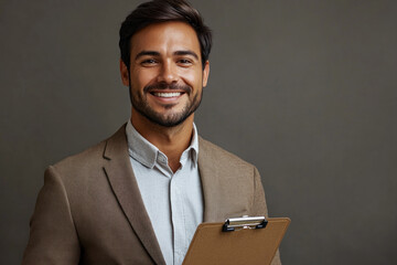Man in suit holding clipboard, standing in front of construction site, examining blueprints.