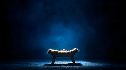 Empty Wooden Manger In A Dark Stable With Blue Backlight And Atmospheric Fog Christmas Nativity Scene